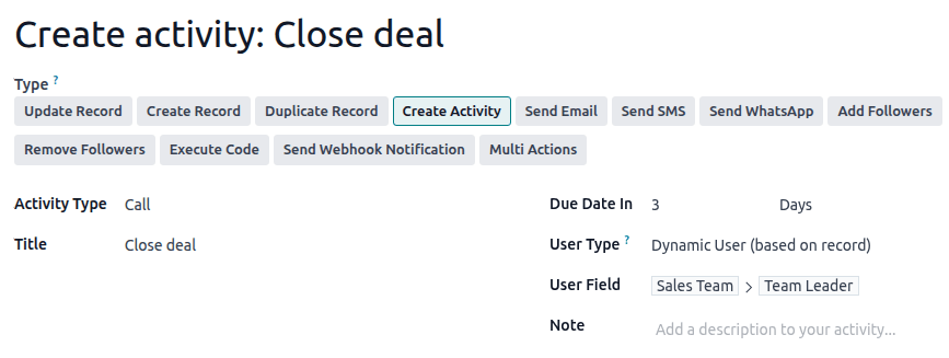 Example of a Create Activity action