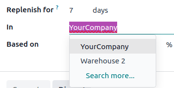 Show In field in the popup, displaying different warehouses to choose from.