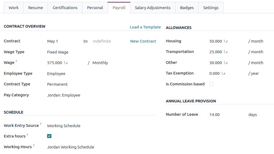The contract overview section of the employee form of the payroll tab.