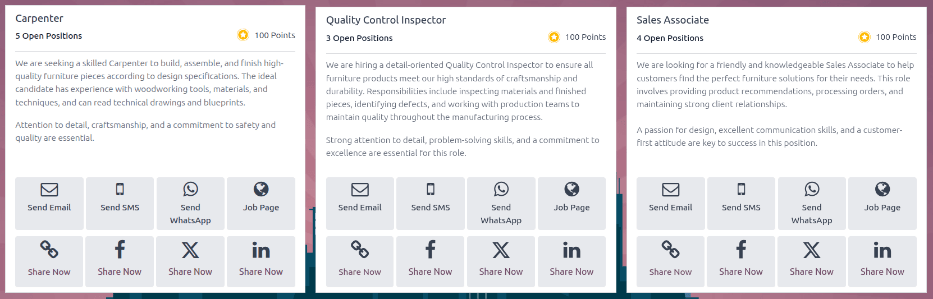 The View Jobs screen, displaying all current open job positions. All information is displayed on the card.