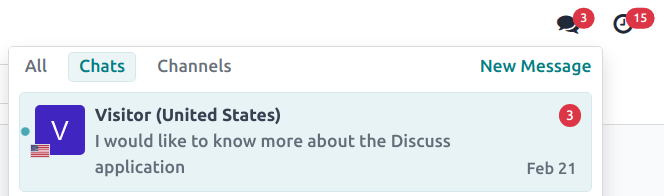 View of the menu bar in Odoo emphasizing the comments icon.