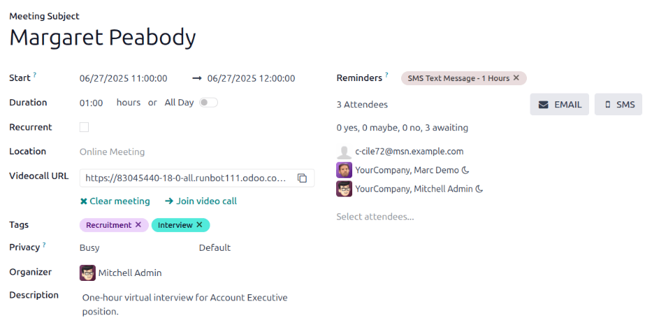 A new meeting card with all the details populated, and ready to save.