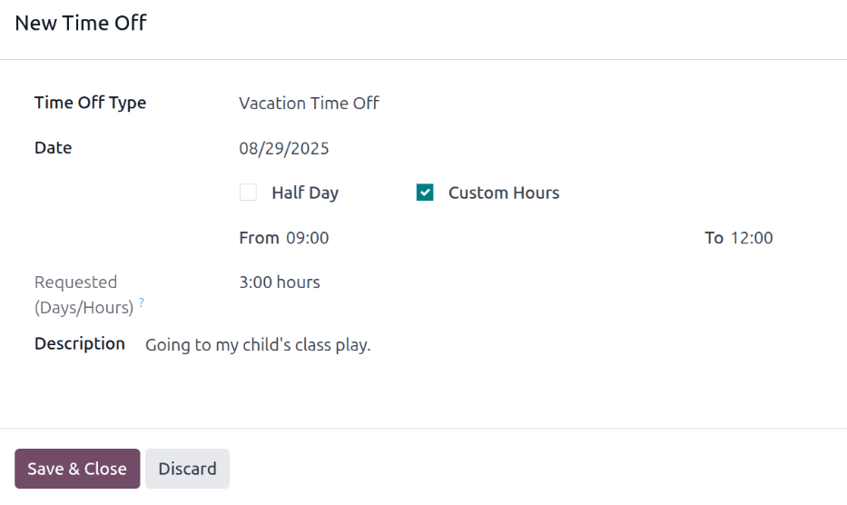 A time off request for three hours of vacation time off.