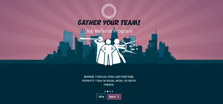 An onboarding slide with the skip and next buttons visible at the bottom.