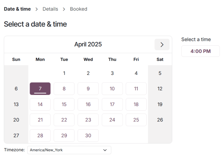 An example of the booking calendar showing available times.