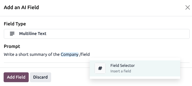 The add a field pop-up where the ai prompt is entered.