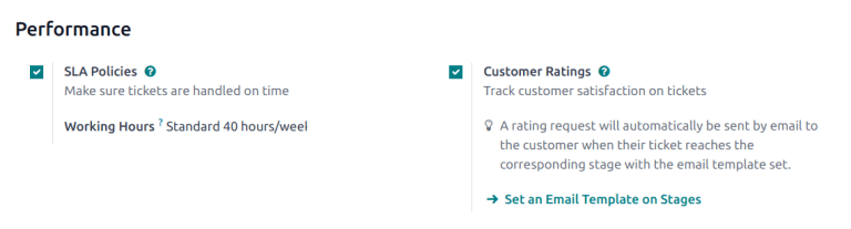 Overview of the settings page of a helpdesk team emphasizing the rating on ticket feature in Odoo Helpdesk.