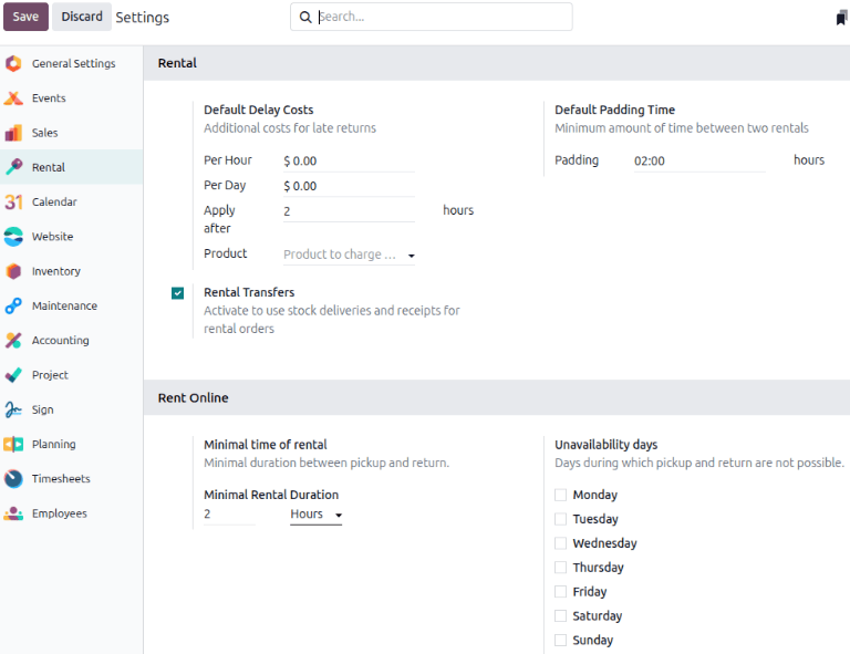 The Rental setting view in the Rental app.