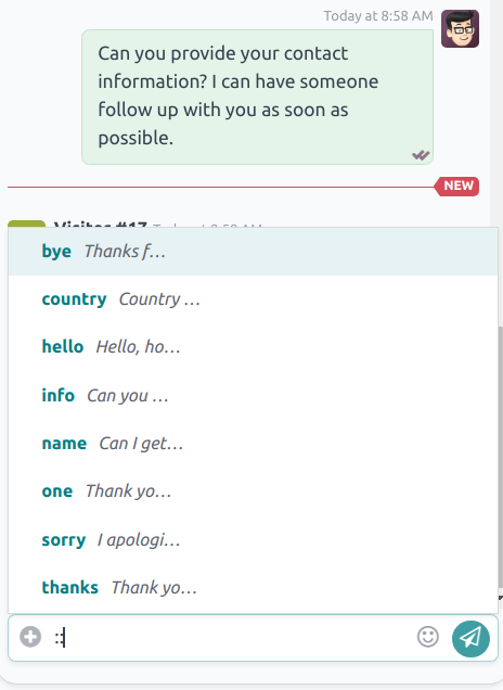 View of a chat window and the list of available canned responses.
