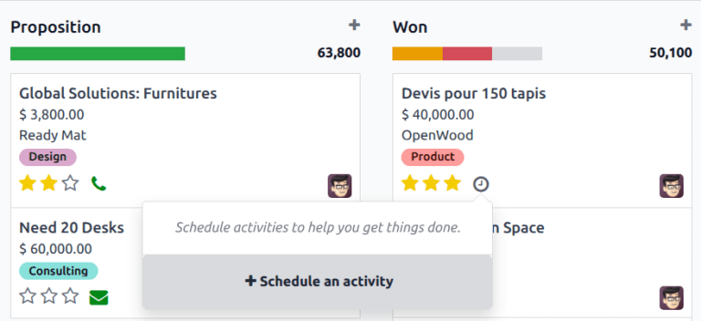 Kanban view of the CRM pipeline and the option to schedule an activity.