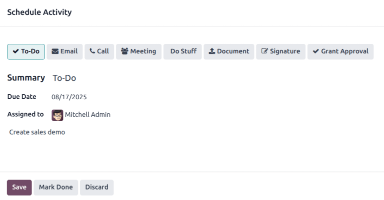 View of CRM leads and the option to schedule an activity.