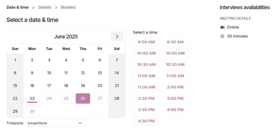 The calendar screen with dates and times to schedule an interview.