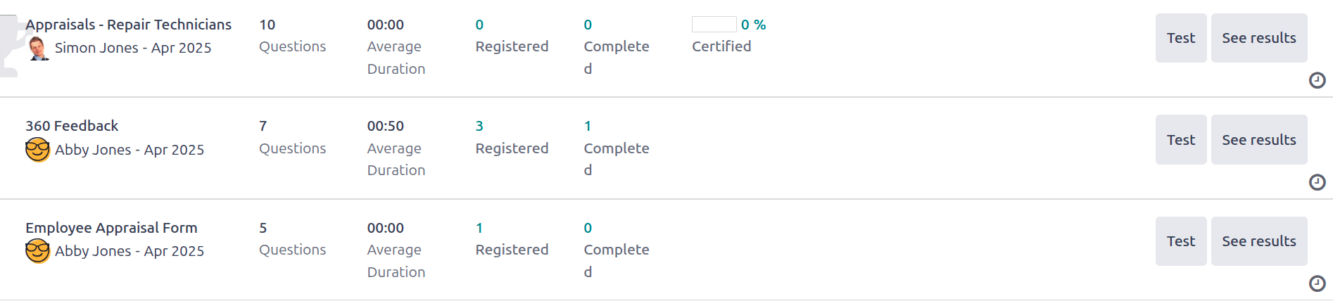 A list view of all available surveys in the Appraisals application.