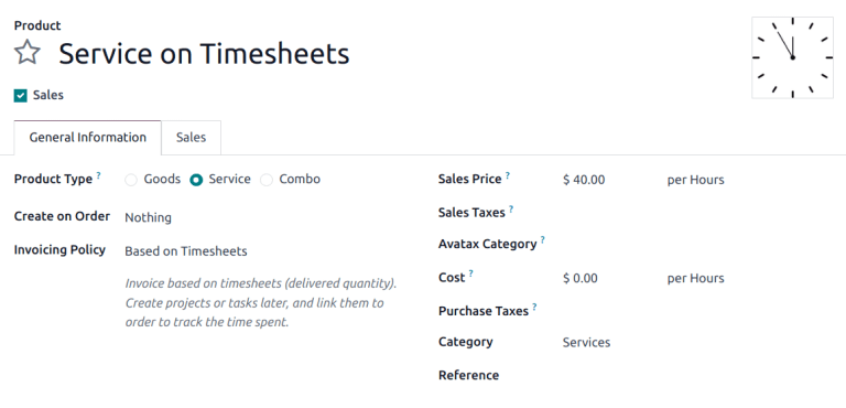 View of a service product with the invoicing policy set to 'Based on timesheets'.
