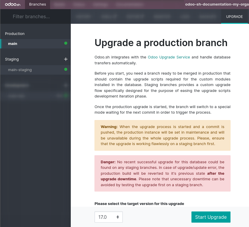 The branches upgrade tab