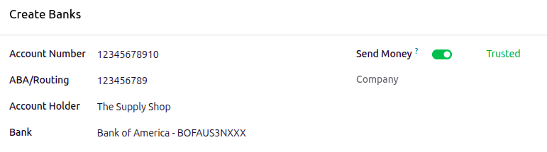 Bank information on the Create Banks form.
