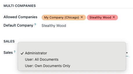 The Sales apps drop-down menu to set the user's level of permissions.