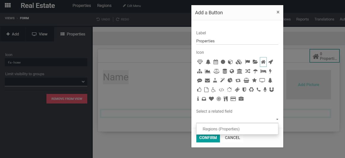 Form view and the status button window being shown in Odoo Studio