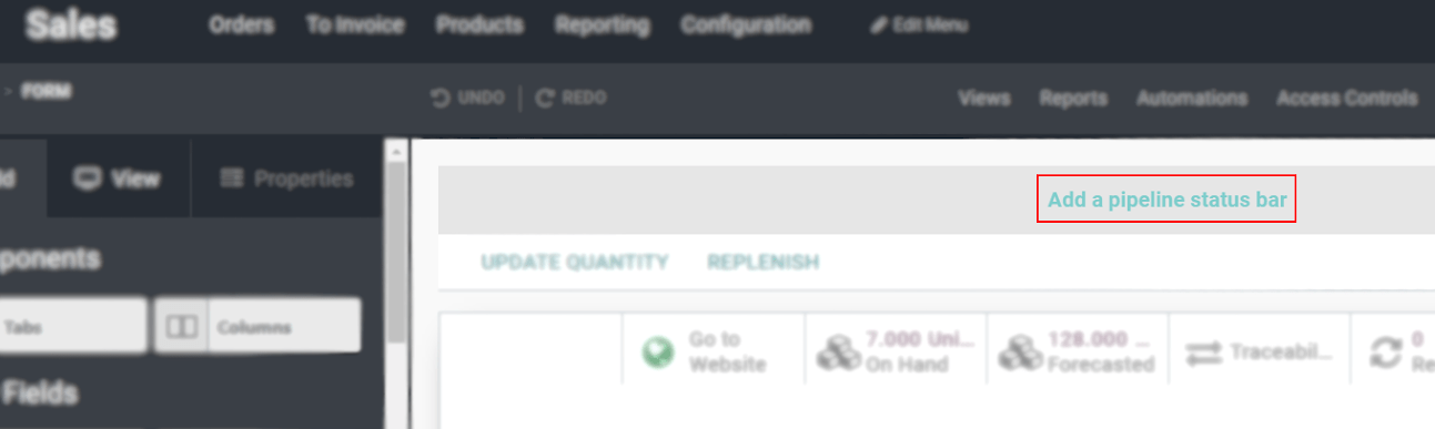 Form view emphasizing the button add a pipeline bar in Odoo Studio