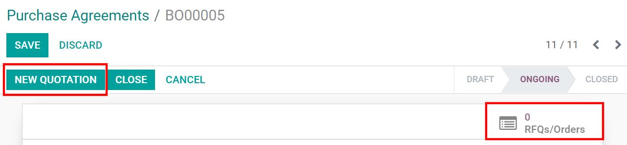 Create new quotations for an ongoing blanket order in Odoo Purchase