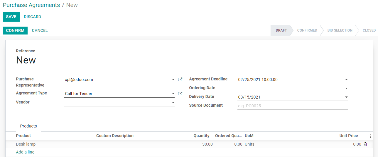 Set up a call for tenders in Odoo Purchase