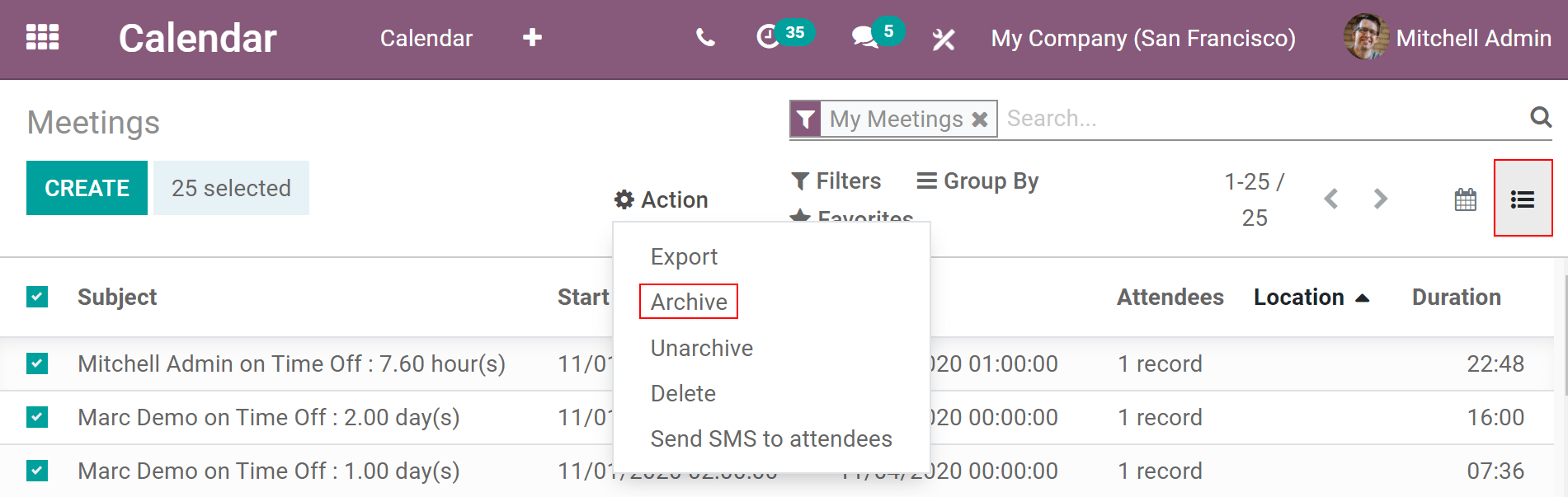 Archive events in Odoo Calendar