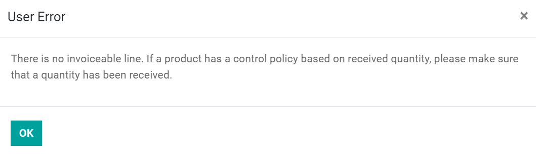 No invoiceable line error message in Odoo Purchase