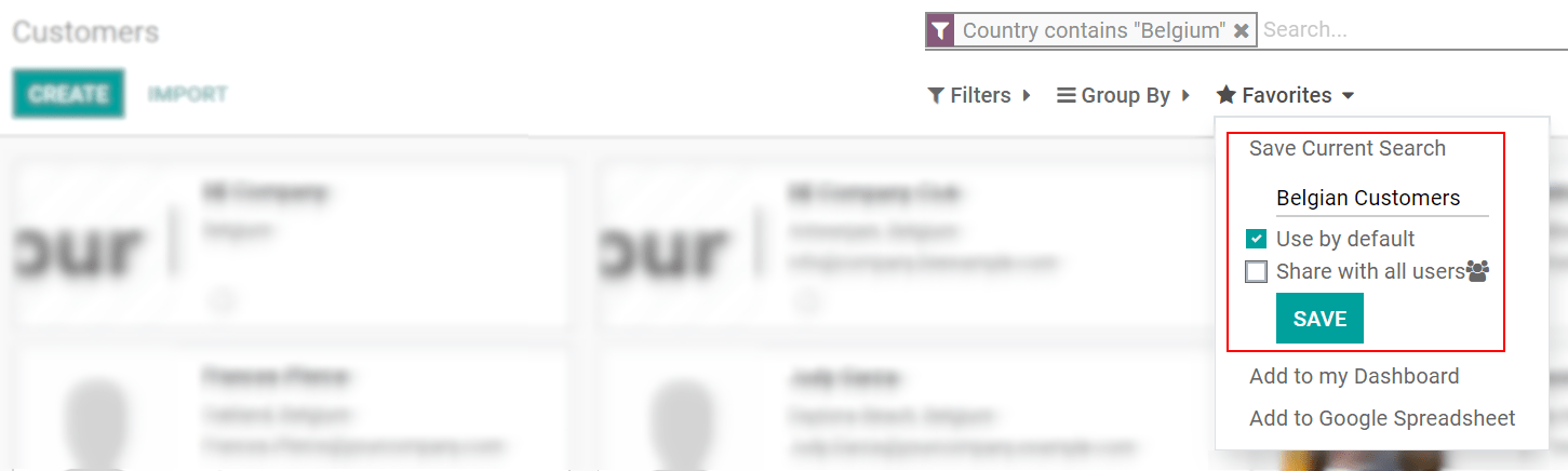 View of a custom filter being set to be used by default in Odoo