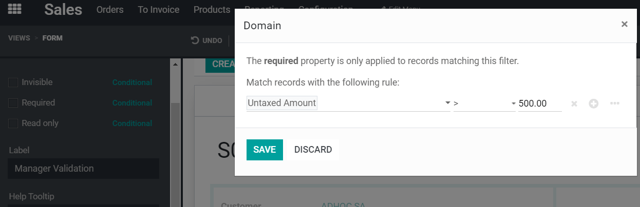 Form view of a required domain being set in Odoo Studio