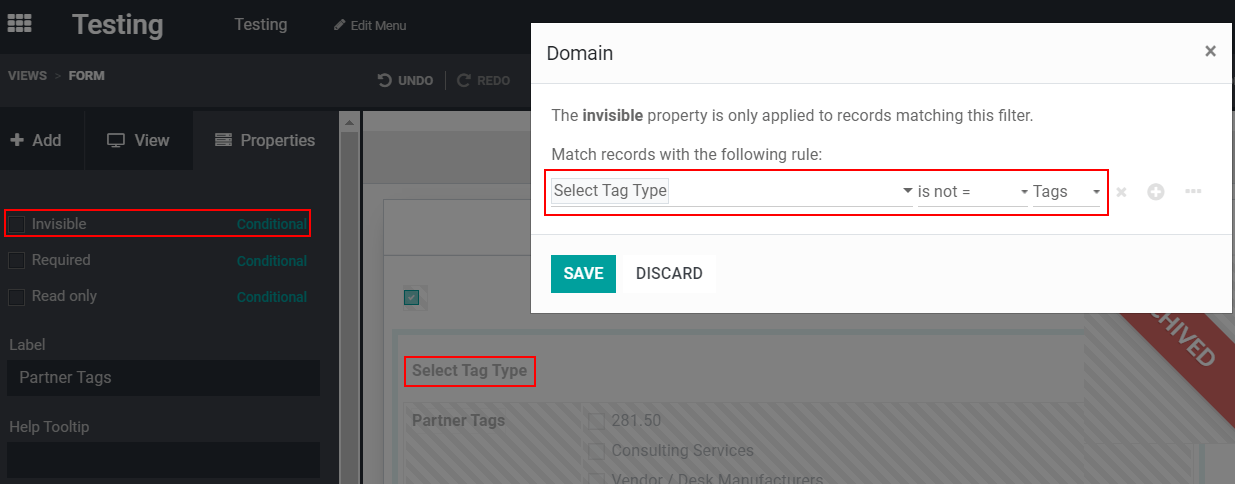 Form view emphasizing a field added and its invisibility properties in Odoo Studio