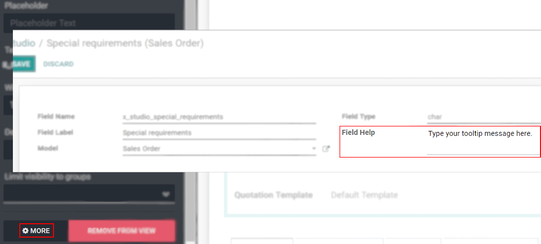 Form view showing more property options and emphasizing the help feature in Odoo Studio