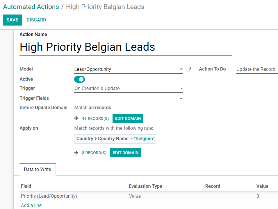 View of an automated action that sets a high priority to Belgian leads in Odoo Studio