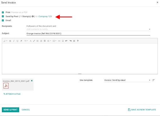 Overview of an invoice and the option send by post available in Odoo Accounting