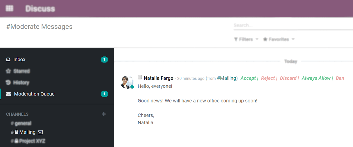 View of a message to be moderated in Odoo Discuss