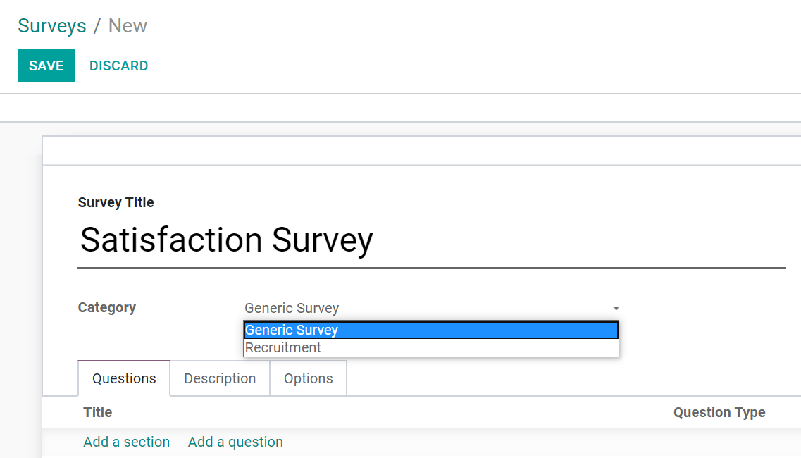 Form view of a survey with a title and category being chosen in Odoo Surveys