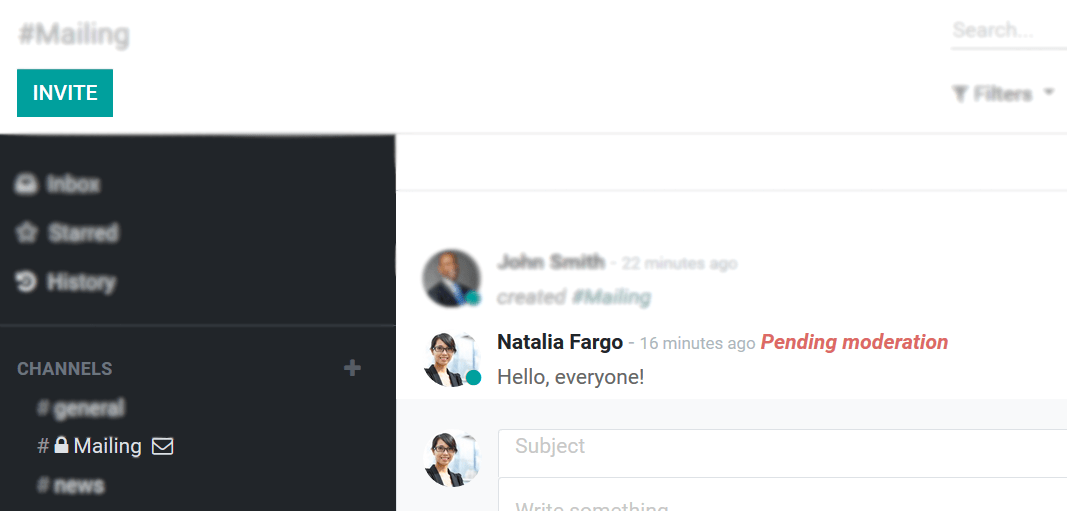 View of a message with a pending moderation status in Odoo Discuss