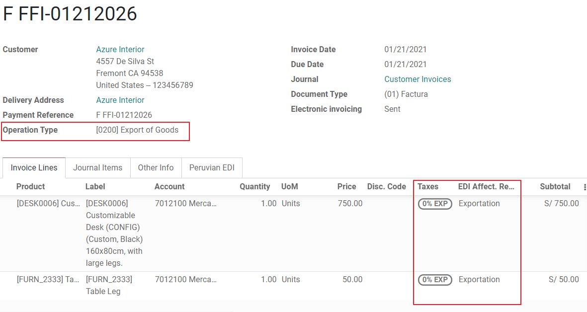 Exportation invoices main data