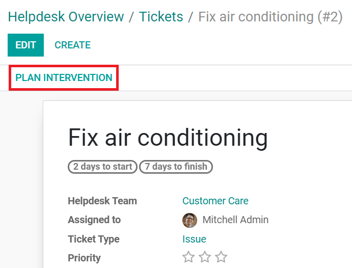Plan intervention from helpdesk ticket in Odoo Helpdesk