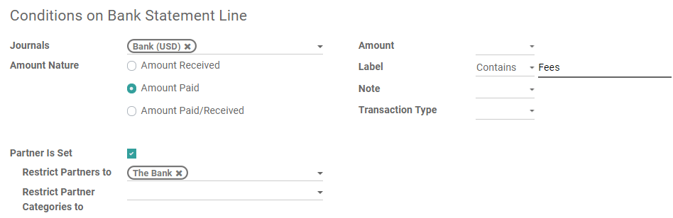 Conditions for the Reconciliation Model to be applied in Odoo Accounting