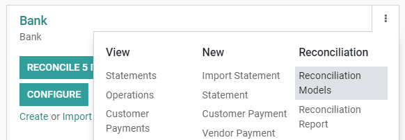 Open the Reconciliation Model menu from the overview dashboard in Odoo Accounting