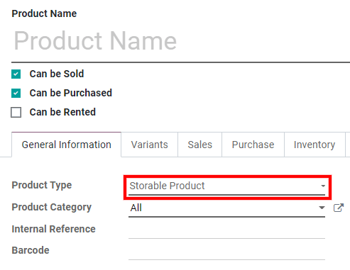 Set the product type in Odoo