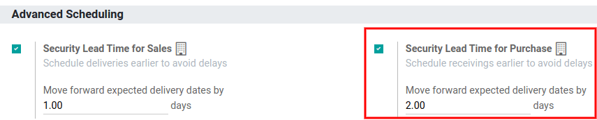 View of the security lead time for purchase from the inventory settings
