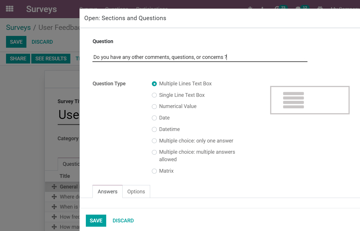 Sections and questions view of a survey in Odoo Surveys