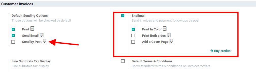 Under settings enable the snailmail feature in Odoo Accounting