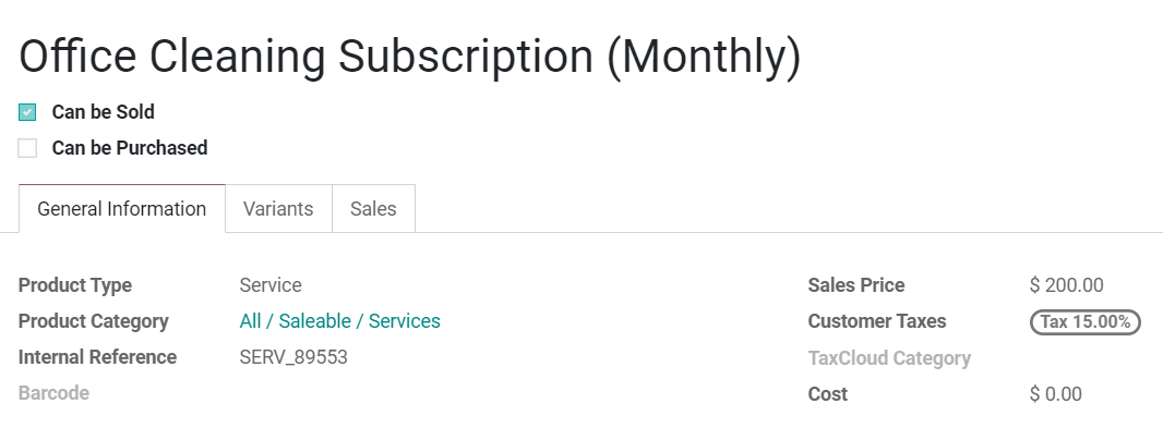 View of a subscription product form in Odoo Subscriptions