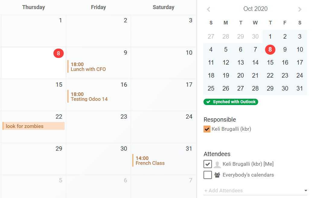 View of Odoo's Calendar synched with Outlook's Calendar