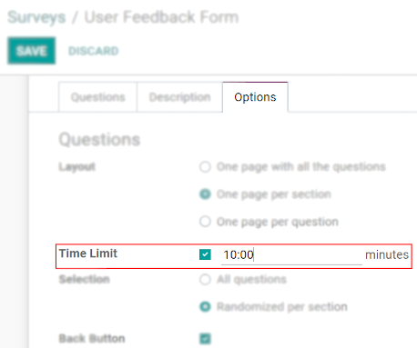 View of a survey form emphasizing the time limit feature in Odoo Surveys