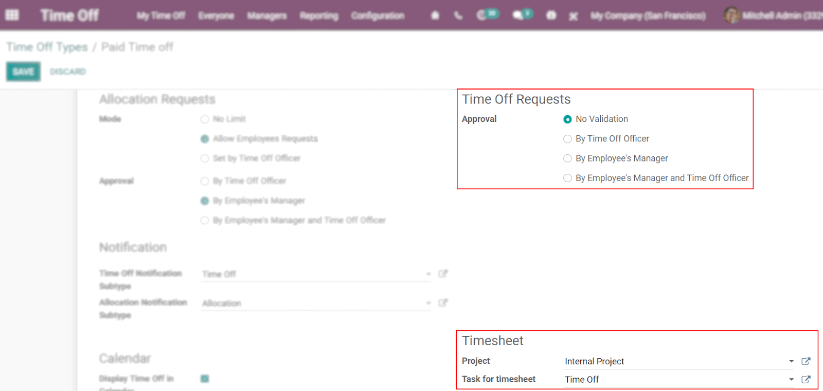 View of a time off types form emphasizing the time off requests and timesheets section in Odoo Time Off