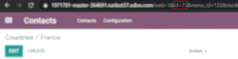 View of an URL emphasizing where a country’s ID can be found for Odoo Studio