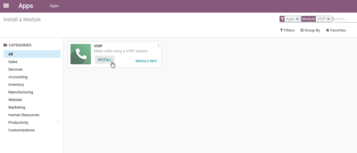 VoIP module installation on an Odoo database